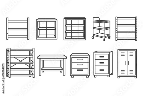 Furniture storage line icon set. cabinets, shelves, lockers outline style collection