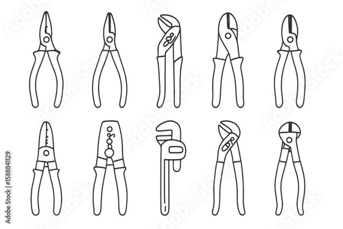 Tool and hardware line icon set. pliers, wrenches, tools outline collection