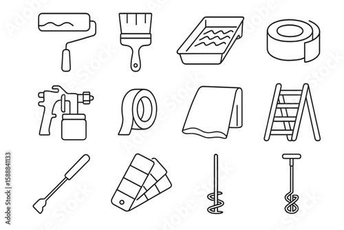 Home improvement line icon set: tools, painting, renovation essentials