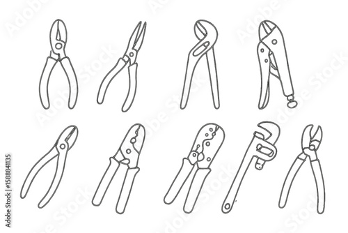Tool, construction outline icon set. wrench, pliers, hammer, drill, screwdriver outlined