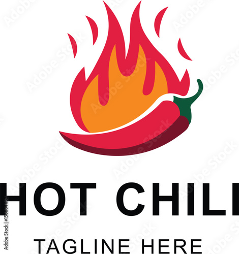 Bold and fiery chili pepper logo with flames and text for branding