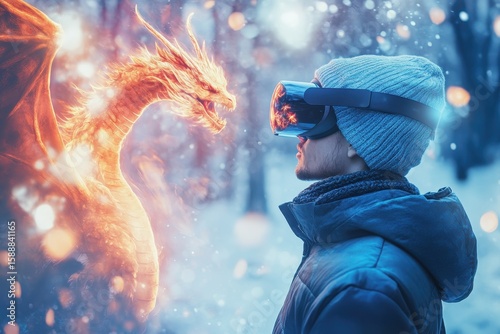 Virtual Reality Adventure with Dragon in a Snowy Fantasy Landscape