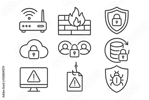 Cybersecurity, network protection line icon set. data security, threat prevention icons