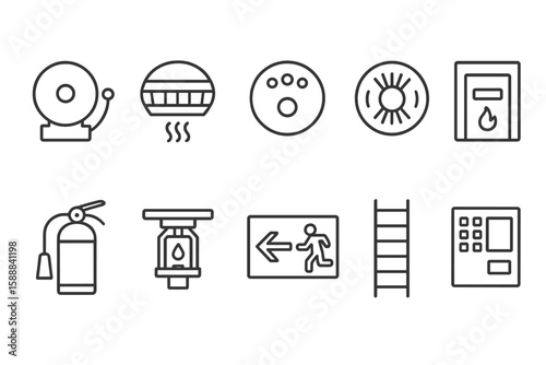 Emergency, safety line icon set. fire, alarm, exit, ladder, linear collection