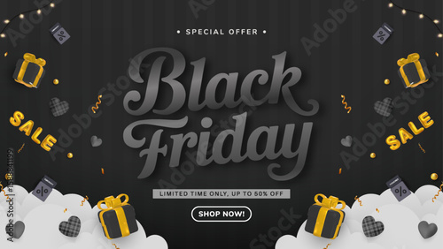 Black Friday Sale Banner with Festive Gifts and Discount Promotion
