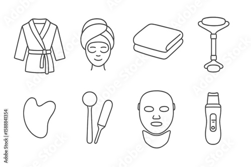 Spa, relaxation outline icon set. bathrobe, skincare, facial tools linear collection