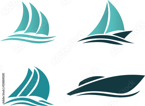 Collection of sailboat logos in teal for travel and adventure brands