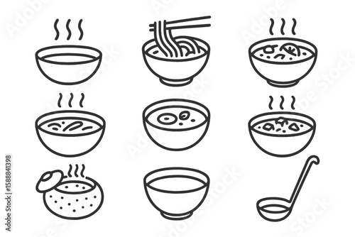 Noodle, soup outline icon set. asian cuisine bowl illustrations in line style