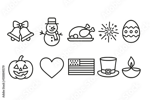 Holiday outline icon set. christmas, thanksgiving, easter, halloween icons collection