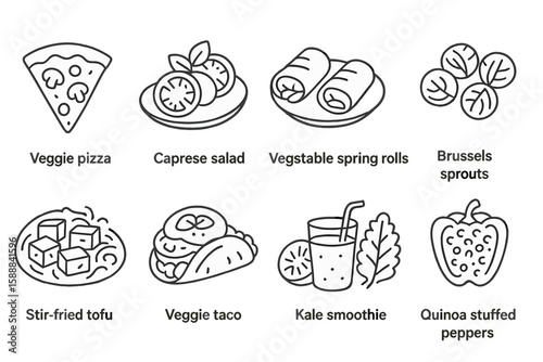 Food and cuisine outline icon set. tasty, healthy meal elements line collection