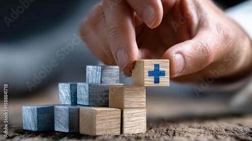 A hand is holding a wooden block with a cross on it