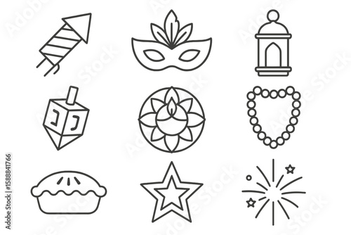 Holiday celebration line icon set. festive symbols, party, and event outline icons