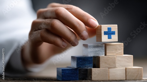 A hand is holding a wooden block with a blue cross on it