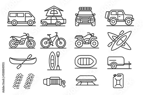 Outdoor adventure line icon set. camping, hiking, kayaking, and off-road vehicles