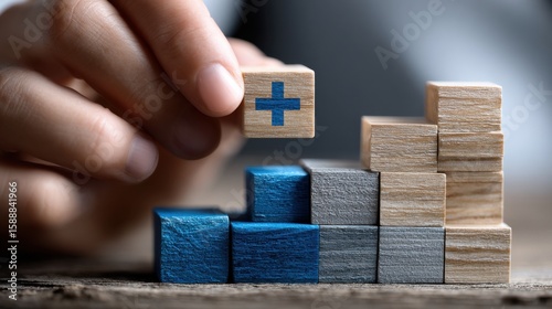 A person is holding a wooden block with a blue cross on it