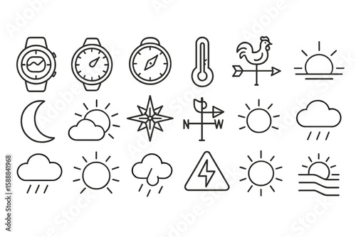 Weather and navigation line icon set. compass, sun, cloud, moon, forecast icons