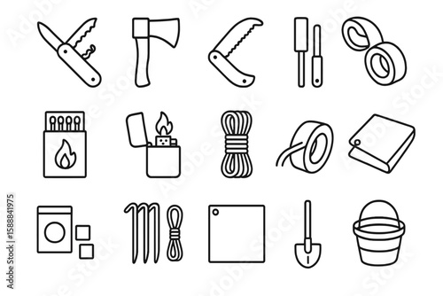 Camping equipment icon set. outdoor, survival tools outline collection for adventure