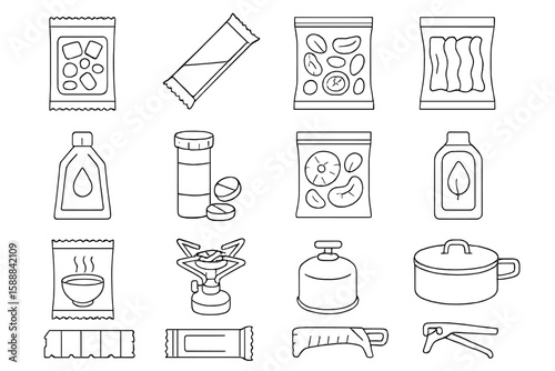 Camping and cooking line icon set for adventure enthusiasts