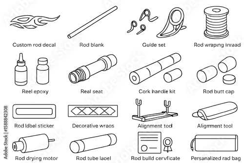 Fishing gear outline icon set: rod, tackle, line, hook, reel, and lure essentials