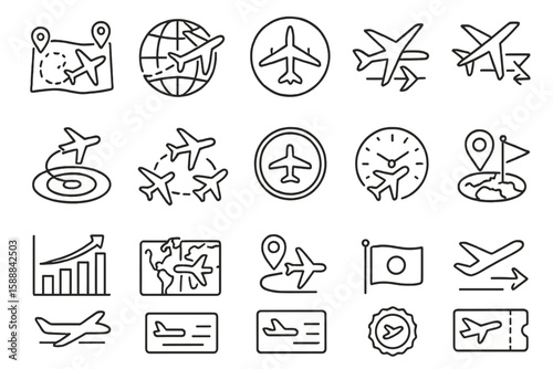 Travel and tourism line icon set: airplane, map, compass, flat world icons collection