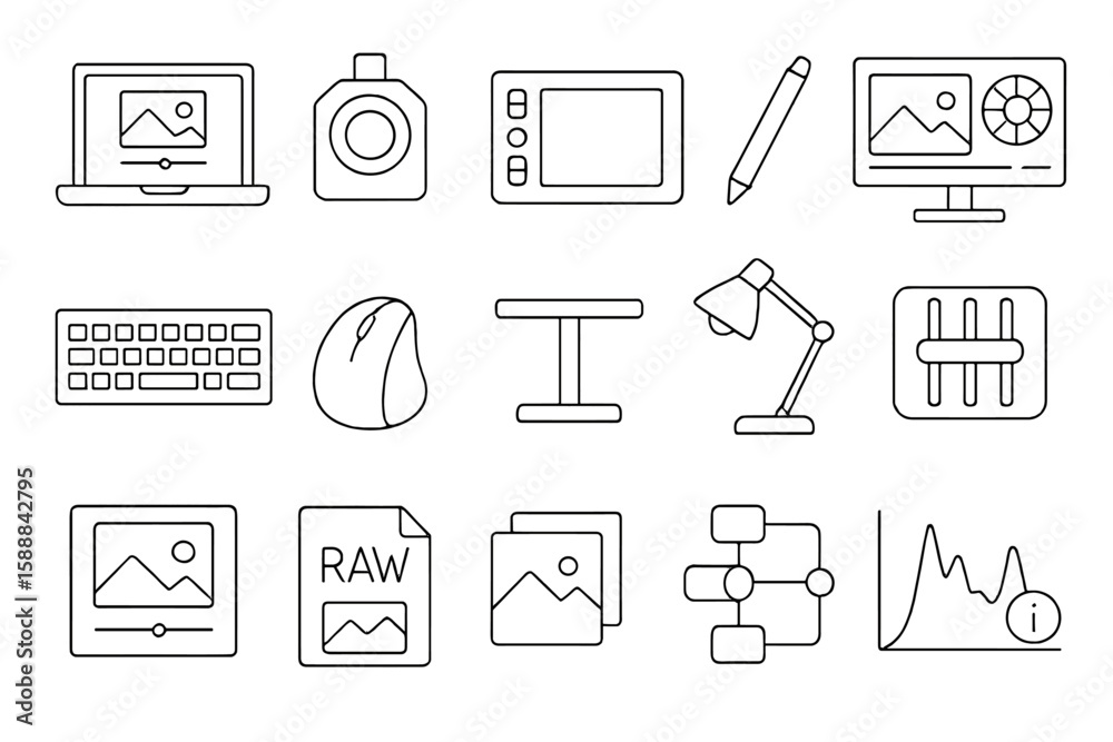 Fototapeta premium Photography, editing outline icon set. camera, laptop, graphic tablet linear icons