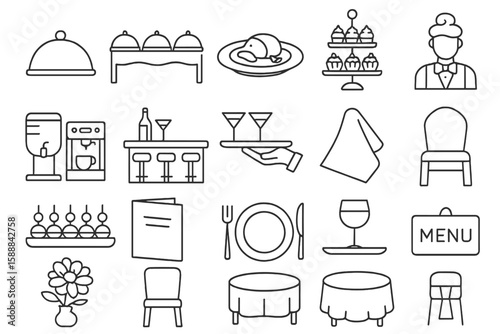Restaurant and dining outline icon set. food, beverage, hospitality line collection