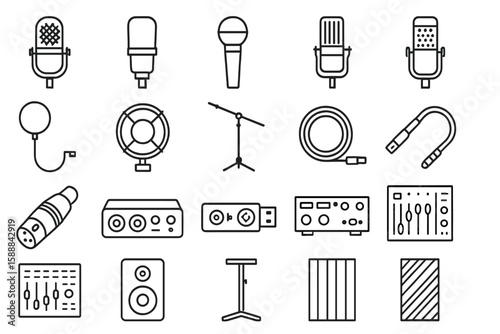 Music equipment outline icon set. microphone, speaker, cable instruments collection