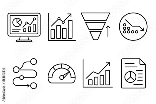Marketing and analytics linear icon set. data, metrics, visualization, tools collection