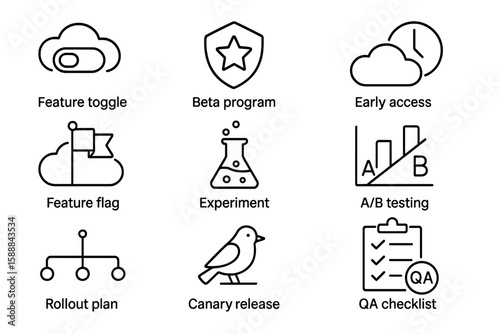 Software development line icon set. feature toggle, a/b testing, deployment line icons
