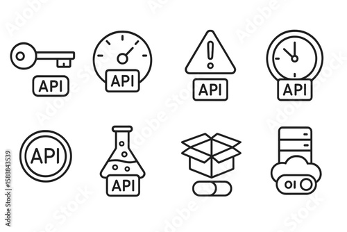 Api, software development outline icon set. technology, interface, and tool icons
