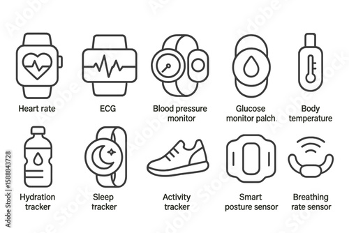 Health and fitness line icon set. wearable tech, exercise, wellness outline collection