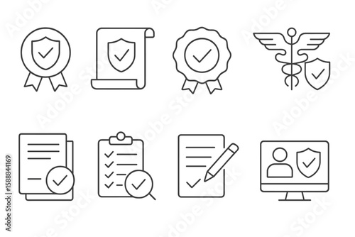 Certification and compliance line icon set. simple quality, document symbols