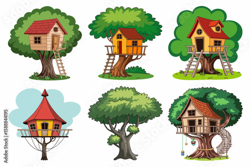 Six cartoon treehouses with different designs, each nestled within or supported by large trees, featuring ladders, platforms, and varied architectural styles.