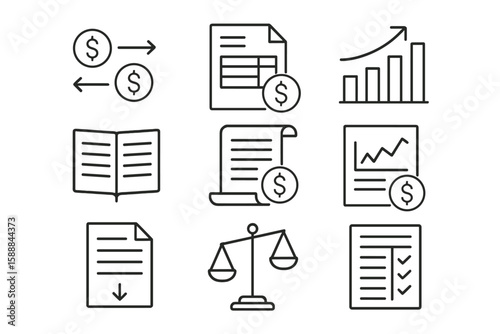 Finance, accounting outline icon set. analysis, budget, graphs line style collection