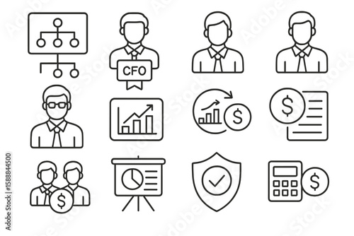 Business, finance outline icon set: management, analysis, planning, and strategy icons