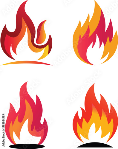 Vector illustration of four different stylized fire flames in red and orange
