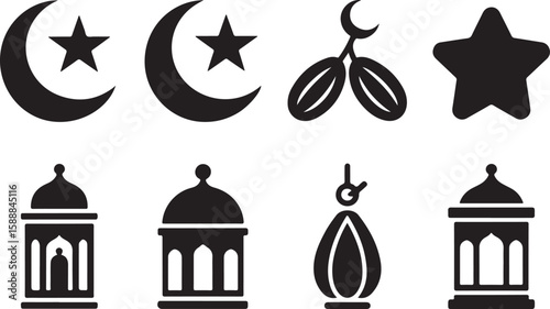 Islamic Crescent, Star, and Lantern Icons - Ramadan and Religious Symbols for Cultural Celebrations