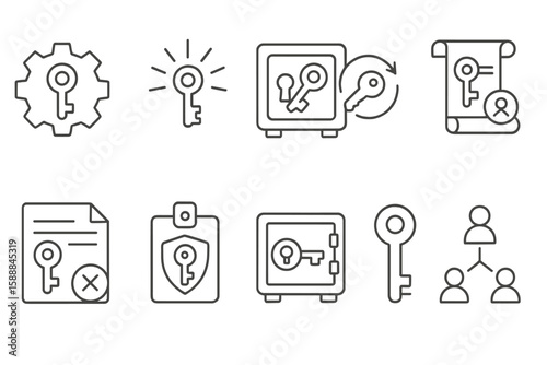 Security and protection line icon set. safe, key, lock, document, and access symbols