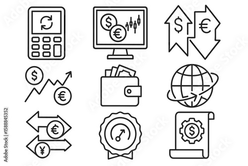 Currency and finance outline icon set. economic, global money symbols collection