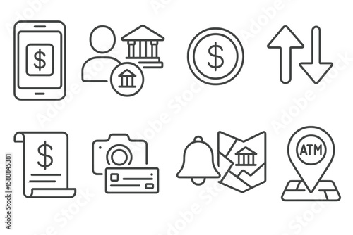 Banking, finance outline icon set. money, payment, atm, currency symbols collection