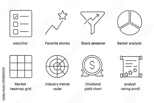 Finance linear icon set. watchlist, stock screener, market analysis line icons