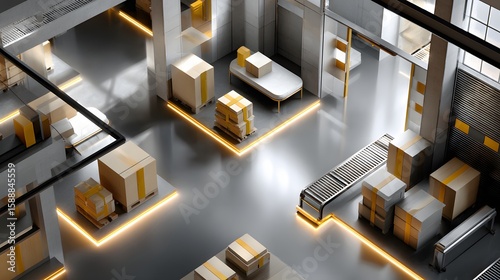 Aerial View of a Modern Warehouse Interior with Organized Boxes and Innovative Lighting