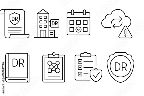 Disaster recovery linear icon set. business continuity and data protection essentials
