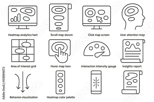 User analytics outline icon set. heatmap, behavior, visualization icons collection