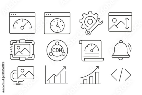 Web performance line icon set: speed, analytics, optimization tools for developers