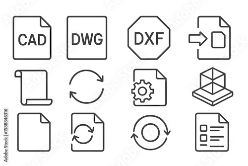 File format outline icon set. cad, dwg, dxf symbols, outline design collection