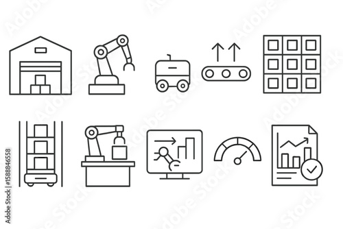 Warehouse and logistics linear icon set. inventory, automation, shipping symbols included