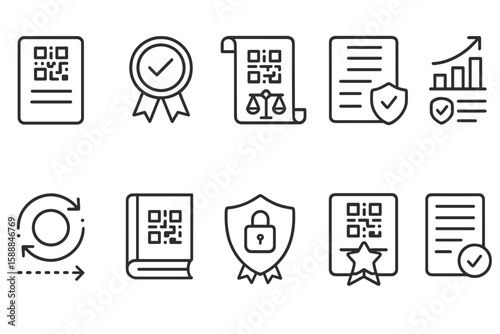 Document security icon set. qr codes, verification, privacy icons in linear style