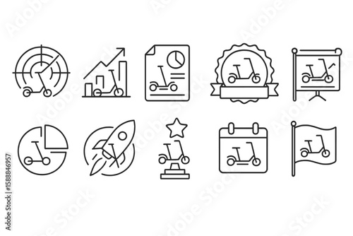 Scooter business outline icon set: startup, analytics, growth symbols collection