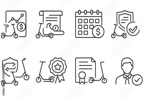 E-scooter, business linear icon set. finance, delivery, calendar outline collection